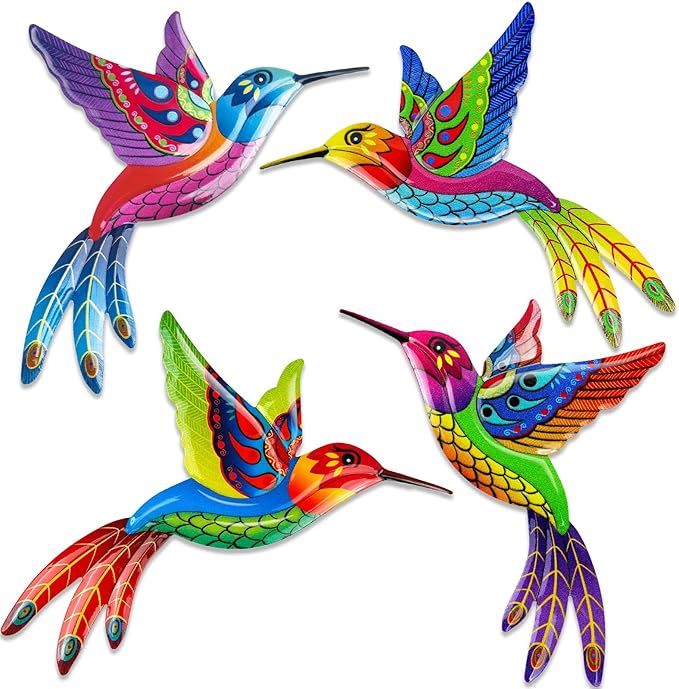 ULENDIS 4 Pack Metal Hummingbird Wall Art Outdoor Decor, 3D Colorful Outdoor Wall Art Fence Decorations for Patio and Yard, Wall Sculpture Hanging Decor for Garden Living Room Balcony
