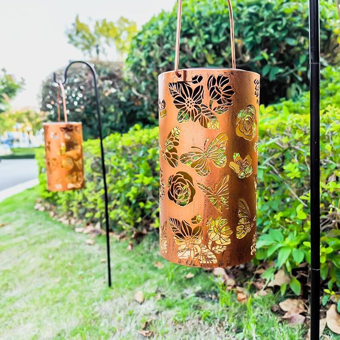 2 Pack Butterfly Solar Gardening Gifts Lanterns Decorative Outdoor, Flower Pattern Solar Hanging Lights Waterproof, Garden Decor Gifts for Women Mom Grandma, Yard Gifts for Patio, Pathway
