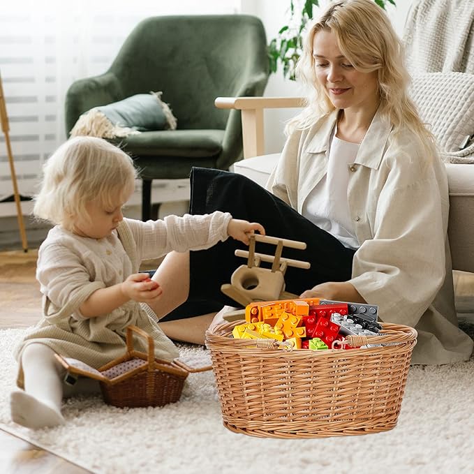 Wicker Picnic Basket with Double Folding Handles, Natural Large Willow Hamper Empty Basket Cheap Easter Eggs Candy Storage Wine Basket for Toy, Flower, Wedding(Grey 16inch)