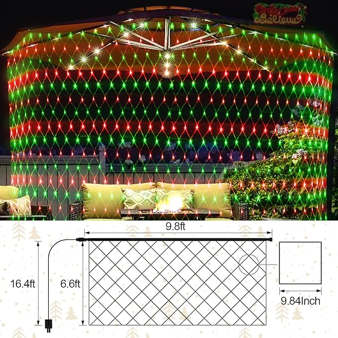 JXLEDAYY Christmas Net Lights Outdoor Decorations 3M*2M Mesh Lights Fairy String Lights Plug in with Timer Waterproof for Outside Bush Window Wall Patio Party Decor (Red & Green, 200 LED 3M*2M)