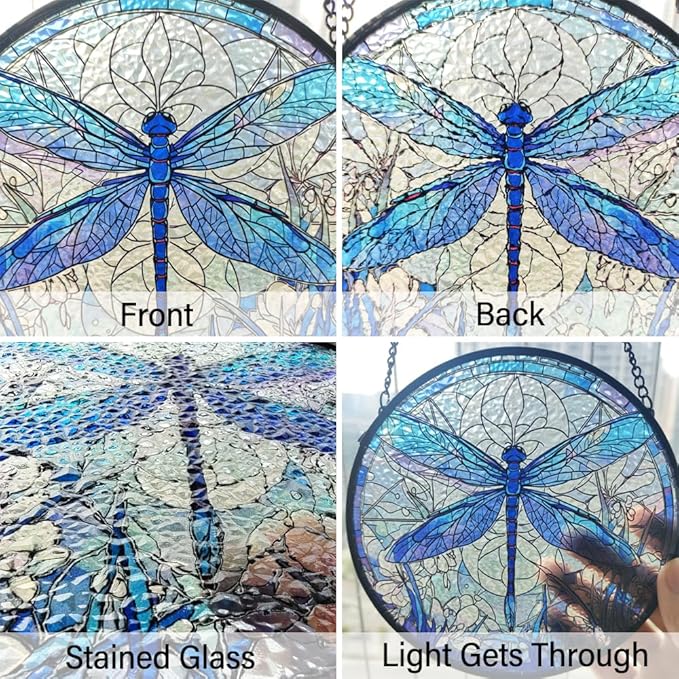 Dragonfly Decor Suncatcher Stained Glass Window Hanging - Handmade Artistic Suncatchers for Windows Hanging - Wall Home Decor Suncatcher with Metal Chain and Hook Gift for Women Mom Home Porch Garden