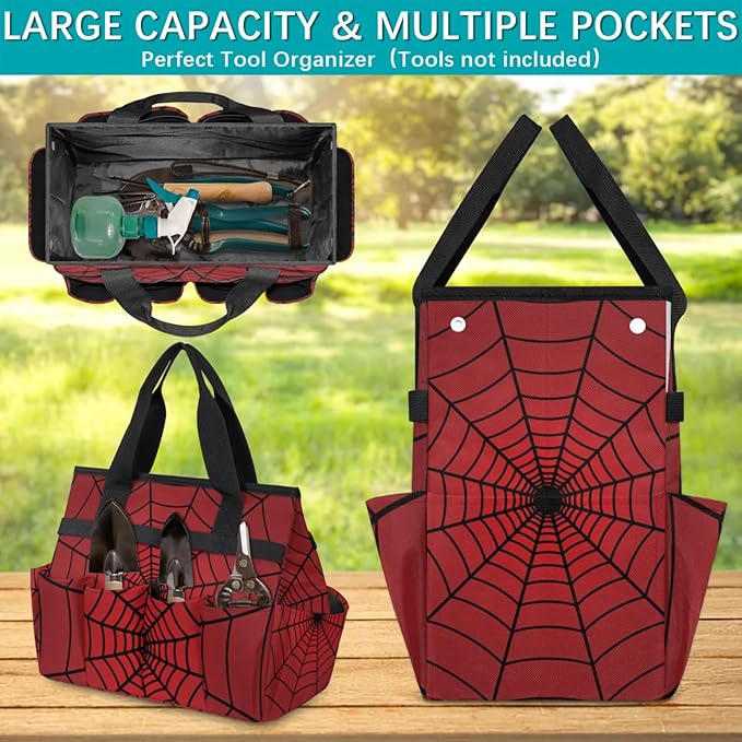 Spiders Web Red Gardening Tool Bag,Heavy Duty Garden Tote Bag,Portable Oxford Gardening Storage Basket Organizer Handbag with Pockets Handle,Hand Tools Gifts for Outdoor Garden Lawn