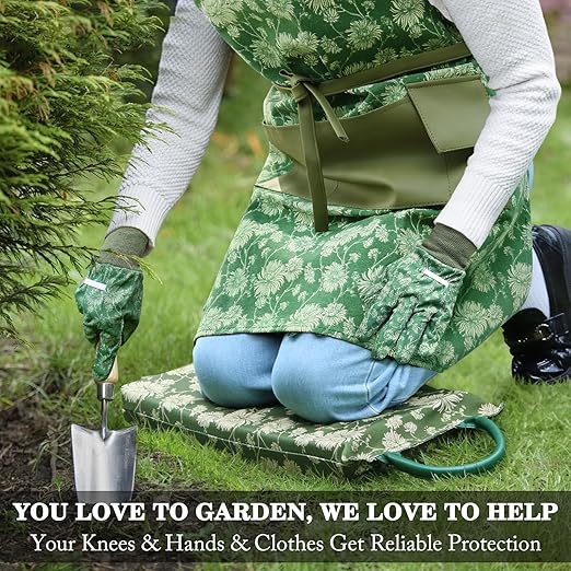 Colwelt Gardening Foam Kneeling Pad Set 3pcs, Gardening Gifts for Women Gardeners, Elegant Pattern Garden Protection Tools Set, Charming Garden Accessories(Extra Thick Kneeling Mat, Apron, Gloves)
