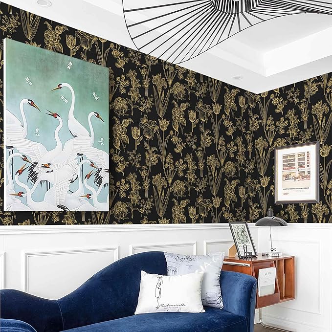 Dimoon 236"x17.3" Floral Wallpaper Peel and Stick Flowers Golden Black Contact Paper Thicken Waterproof Modern Self Adhesive Plants Wallpaper Removable Wall Paper Shelf Vinyl Roll