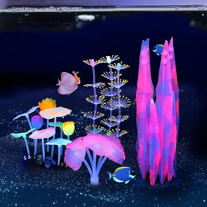 Lpraer 4 Pack Glow Aquarium Decorations Coral Anemone Lotus Leaf Seaweed Simulation Glow Plant Glowing Effect Silicone for Fish Tank Decorations