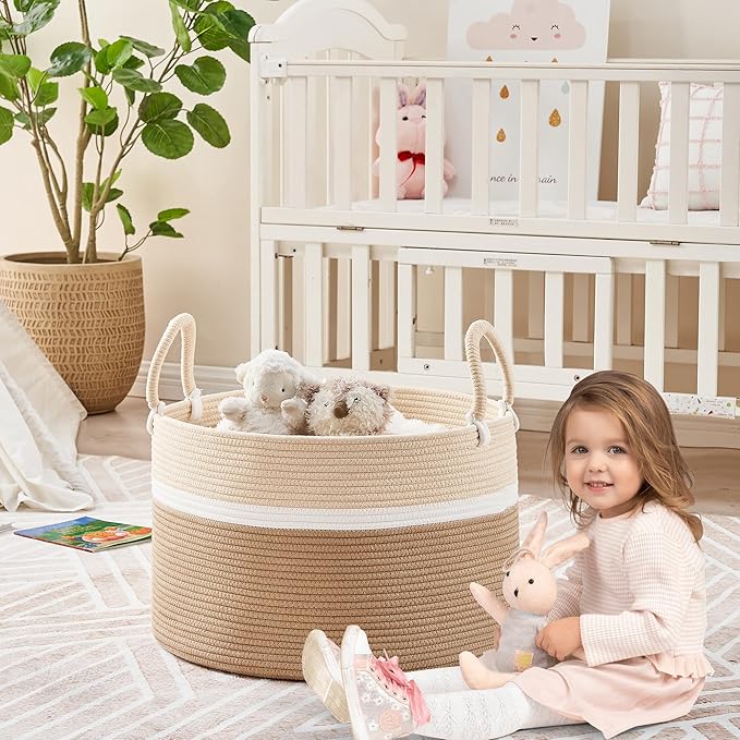 KAKAMAY Large Blanket Basket (20"x13"),Woven Baskets for storage Baby Laundry Hamper, Cotton Rope Blanket Basket for Living Room, Laundry, Nursery, Pillows, Baby Toy chest (White and Brown)