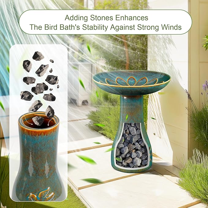 Ceramic Bird Bath for Outdoors, 21.5 inch Heavy Duty Bird Bath,Weather-Resistant Birdbath for Outdoor Garden Use, Attracts Birds, Elegant Yard Décor - Blue