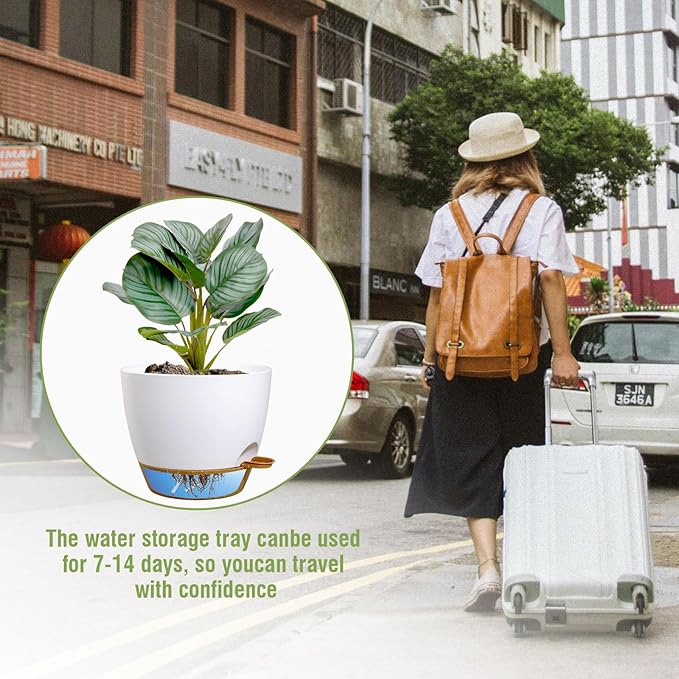 8 inch Self Watering Pots, 2 Pack Plastic Planters with Mesh Drainage Holes for Garden Plants and Flower, Plants Pots with Deep Reservoir for Indoor Outdoor Plants, White with Brown