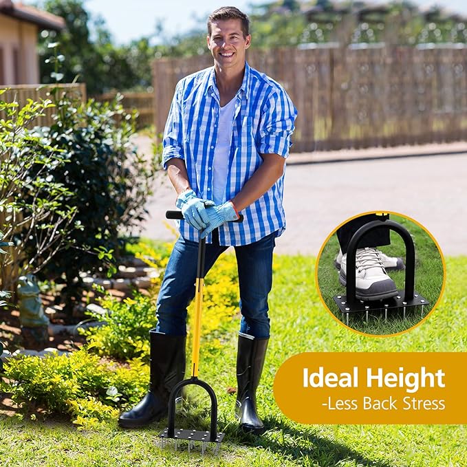 Lawn Aerator Spike Metal Manual Dethatching Soil Aerating Lawn with 15 Iron Spikes, Pre-Assembled Grass Aerator Tools for Yard, Lawn Aeration, Garden Tool, Revives Lawn Health(Black + Yellow01)