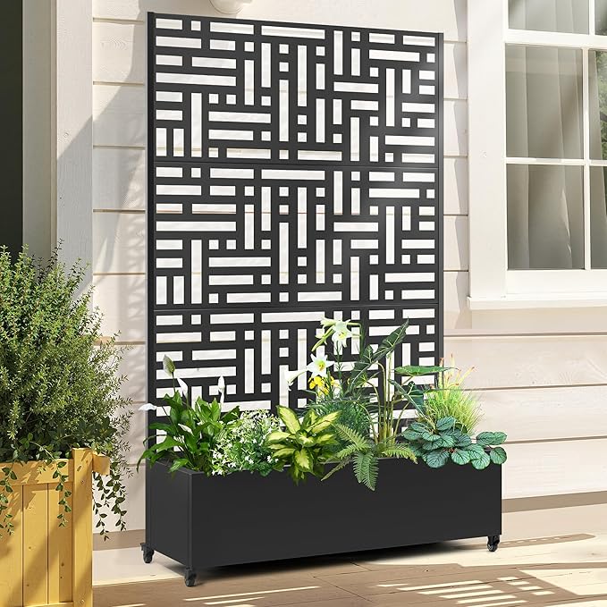 Raised Garden Bed with Trellis and Wheels,73"x47"x16" Metal Raised Garden Bed,Black Modern Metal Planter with Climbing Trellis for Vines & Vegetables