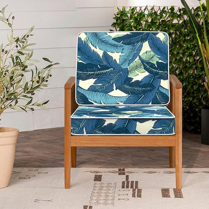 LVTXIII Patio Chair Cushions 22"x22"x3", Water-Repellent Outdoor Seat Cushions for Patio Furniture, Square Chair Pads with Ties for Home Garden Decoration, Set of 2, Swaying Palms Blue