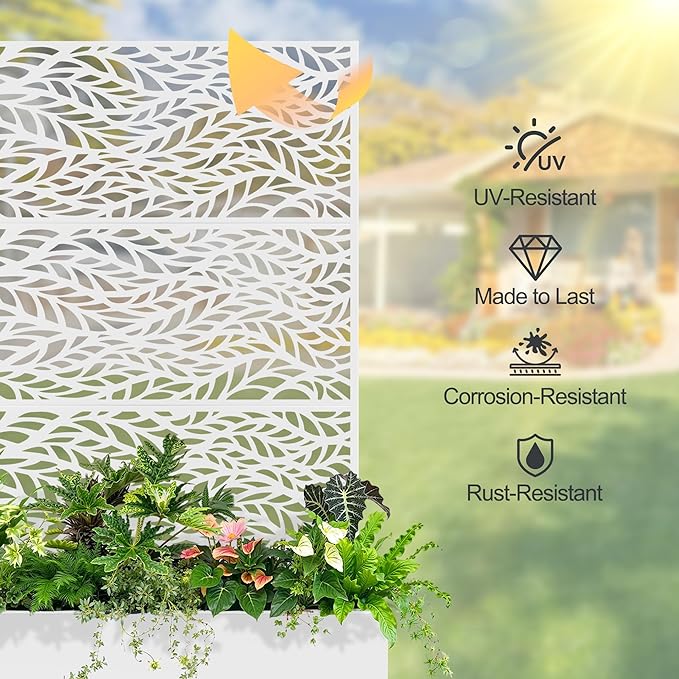 Raised Garden Bed with Trellis and Wheels,73"x47"x16" Metal Raised Garden Bed,White Flowing Leaf Metal Planter with Climbing Trellis for Vines & Vegetables