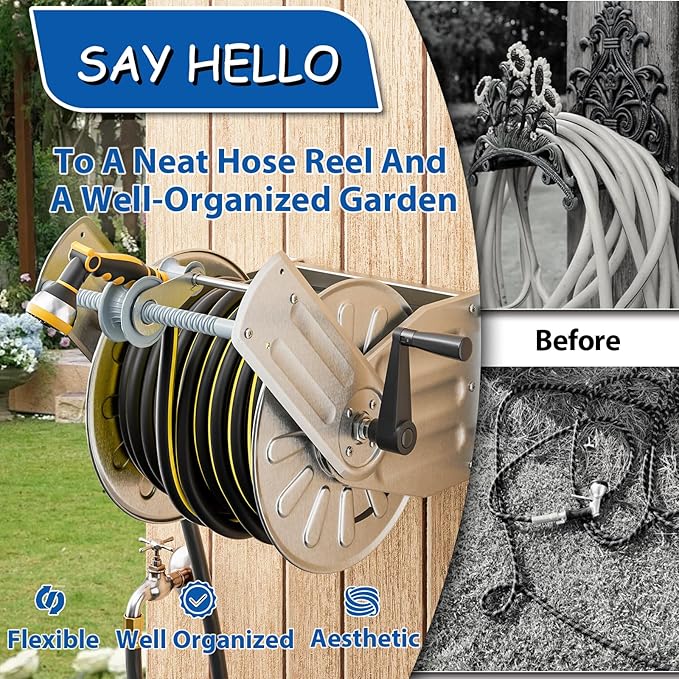 GREENER Stainless Steel Hose Reel For Outside,Wall Mount Garden Hose Holder Heavy Duty Metal Water Hose Reel, 3/4" Solid Connector with 5/8" Inlet Hose and Crank,80-Feet 1/2" Capacity