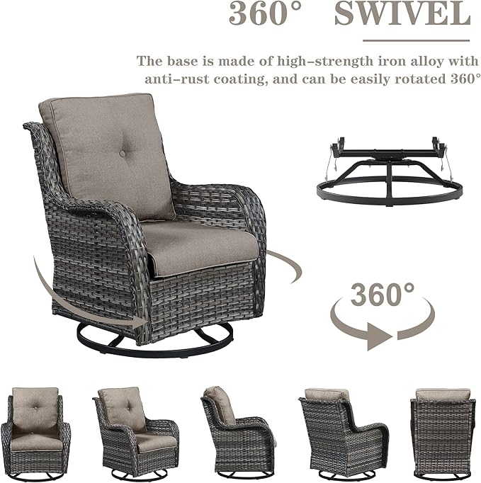 Outdoor Wicker Furniture Patio Set - 7 Piece Backyard Furniture Grey Rattan Conversation Sets with Swivel Rocker Chairs, Rattan Sofa, Club Chairs and Coffee Table, Grey Cushion