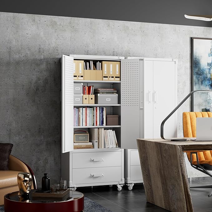 Upgraded Metal Garage Storage Cabinet with Wheels and 2 Drawers, Rolling Tool Cabinet with 3 Shelves and Pegboard Behind The Door for Home Office Garage,Assembly Required,White