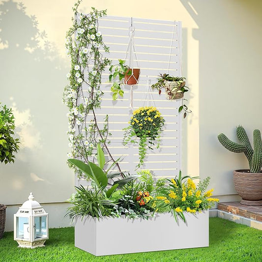 Trellis for Climbing Plants Outdoor,Mental Garden Bed with Drainage Holes Outdoor Privacy Screen Design Tall planters for herb Flower Vegetables 73"x35"x16", White-Louvered