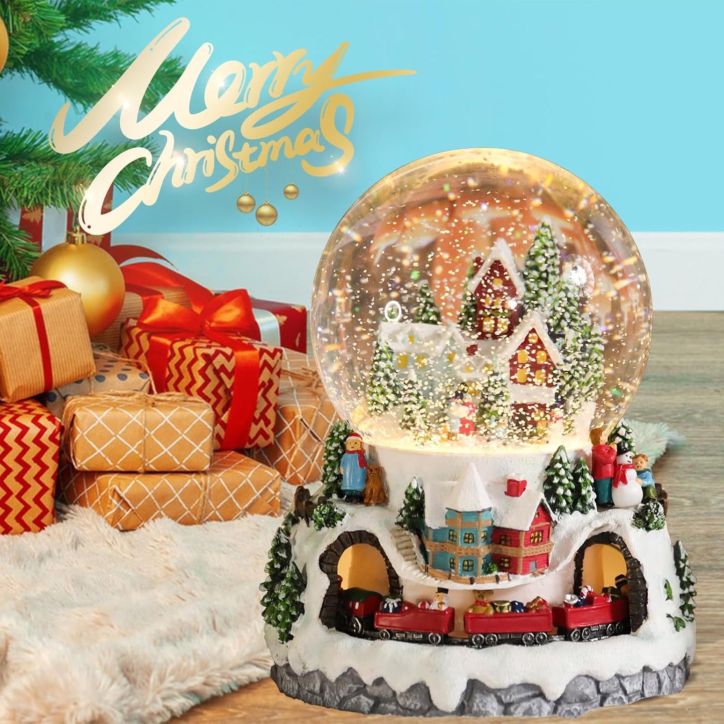 Christmas Village Snow Globes, Church House with Moving Train Musical Snow Globe Swirling Glittering Water Globes Christmas Birthday Gift for Girls Kids Daughters