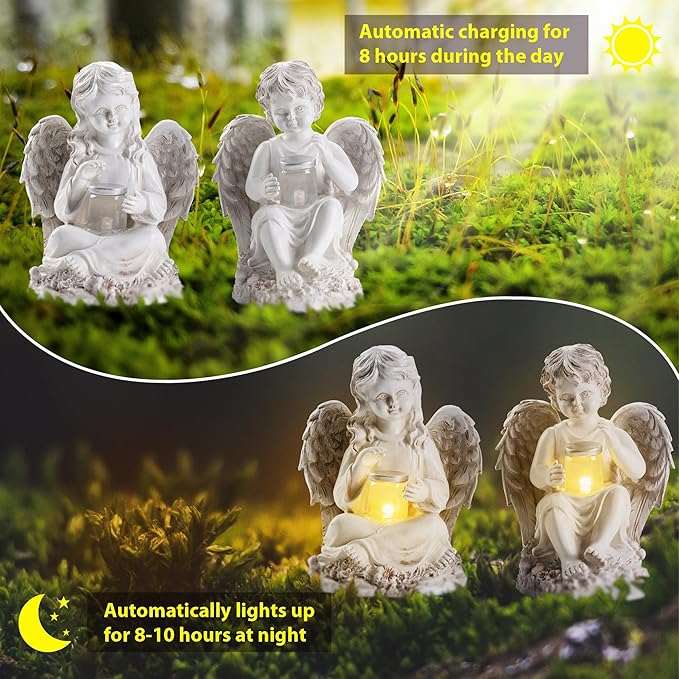 2 Pack Outdoor Angel Statue Garden Decor, Classic Solar Angel Figurine Decoration for Yard Art Indoor Porch Home Lawn Outside Light up Cherub Sculpture Guardian Wings Angel Memorial Gifts
