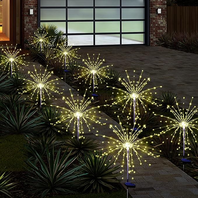 Solar Garden Firework Lights, 4 Pack, Waterproof, 120 LED, Outdoor, Warm White, Pathway, Patio, Party Decorations