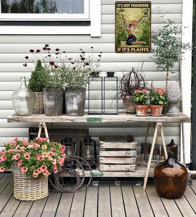 Bestylez Gardening Gifts Vintage Gardening Tin Sign It‘s Not Hoarding If It's Plants Sign for Home Garden Greenhouse Living Room Bedroom Outdoor Decor 8X12 Inch (3066)