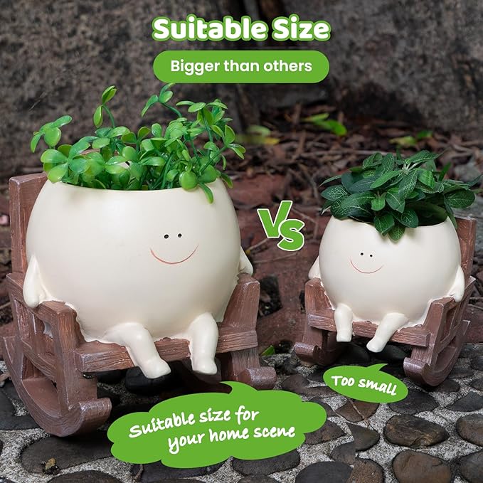 Large Smiley Face Planter Pot, Cute Resin Flower Head Planters for Indoor Outdoor, Unique Rocking Chair Plant Pot for Succulents Plants Live with Drainage Hole, Gift IdeaI for Mother Christmas