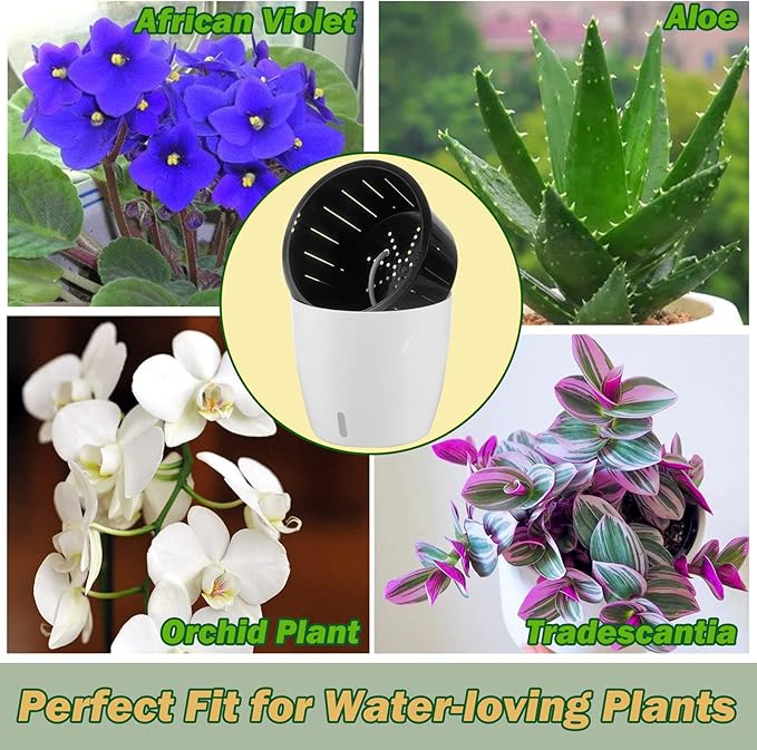 Planterhoma 6.7 Inch Self Watering Pots for Indoor Plants, 4 Packs White African Violet Pots with Water Indicator and Black Wick Pots, Self Watering Planters for Devil's Ivy, Indoor Plant Pots