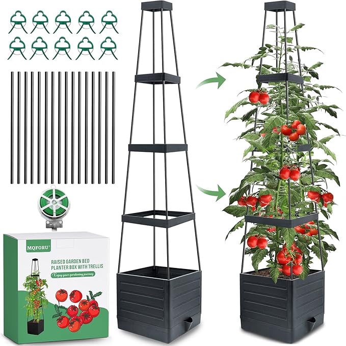 MQFORU Raised Garden Bed, 57" Tomato Planter with Trellis, Tomato Cages for Climbing Vegetables Plant, Self Watering Tomato Support Box for Garden Pots, Use for Patios Greenhouse Indoor Outdoor(1Pc)