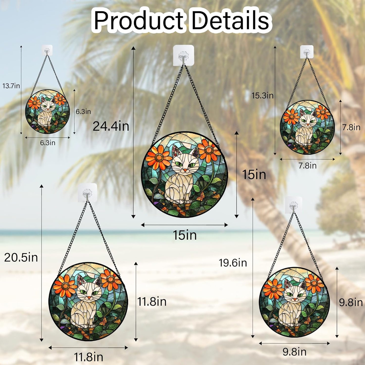 Stained Glass Window Hanging - White Cat Green Plants Orange Flowers Sun Catcher for Door Garden Home Decor Suncatcher Christmas Mother's Day Birthday Gifts for Women Men Mom Nana 11.8 in