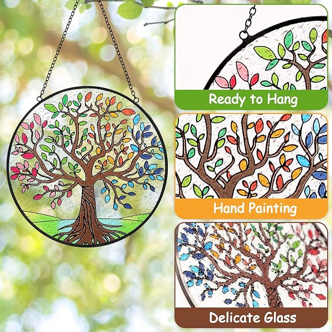 Tuitessine Tree of Life Stained Glass Suncatcher Four Season Theme Colorful Leaves Window Wall Hanging Ornament Hand-Painted Glass Panel Decor Gift for Women Christmas Thanksgiving Gift 6.3 * 6.3”