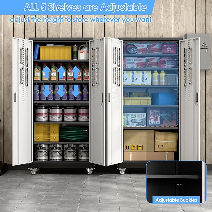 Metal Garage Storage Cabinet with Wheels & Pegboard, Lockable Metal Storage Cabinets with 2 Doors&5 Adjustable Shelves for Garage&Home,Assembly Required,Black Gray 71''H x32''W x16''D