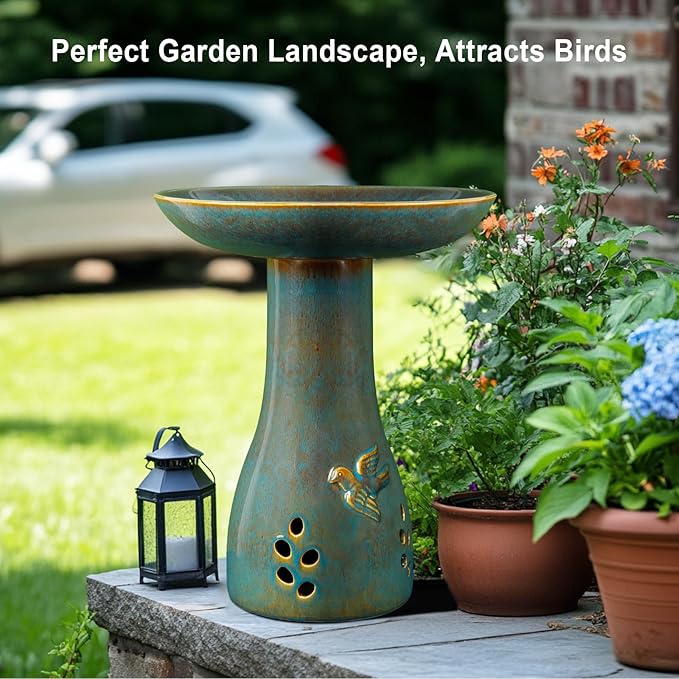 Ceramic Bird Bath for Outdoors, 21.5 inch Heavy Duty Bird Bath,Weather-Resistant Birdbath for Outdoor Garden Use, Attracts Birds, Elegant Yard Décor - Blue
