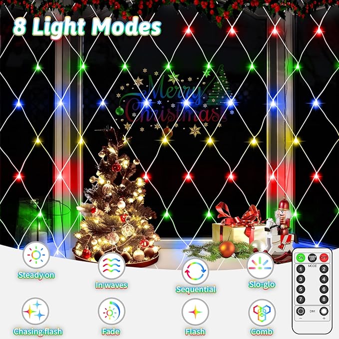 JXLEDAYY 200 LED Christmas Net Lights Outdoor Waterproof 3M*2M Mesh Lights Fairy String Lights Plug in with Timer 8 Modes for Bush Window Fence Garden Yard Roof Wall Decor-Multicolored