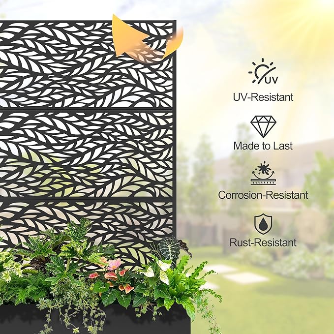 Raised Garden Bed with Trellis and Wheels,73"x47"x16" Metal Raised Garden Bed,Black Flowing Leaf Metal Planter with Climbing Trellis for Vines & Vegetables