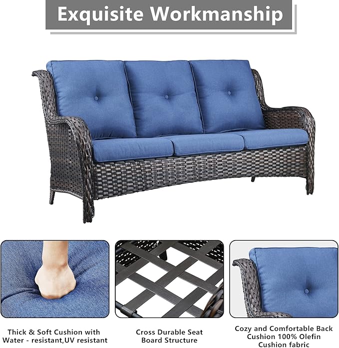 Outdoor Wicker Patio Furniture Set - 5 Piece Rattan Patio Conversation Set with 2 Rocking Swivel Chairs,2 Ottomans and 1 Sofa for Porch Deck Backyard Garden(Brown/Blue)