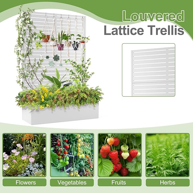 Trellis for Climbing Plants Outdoor,Mental Garden Bed with Drainage Holes Outdoor Privacy Screen Design Tall planters for herb Flower Vegetables 73"x47"x16", White-Louvered