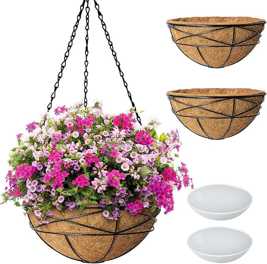 2 Pack 14 Inch Hanging Flower Baskets for Outdoor Plants Large Metal Wire Planters with Coco Liner Pot for Home Planting Round Watering Plant Holders for Outside Garden