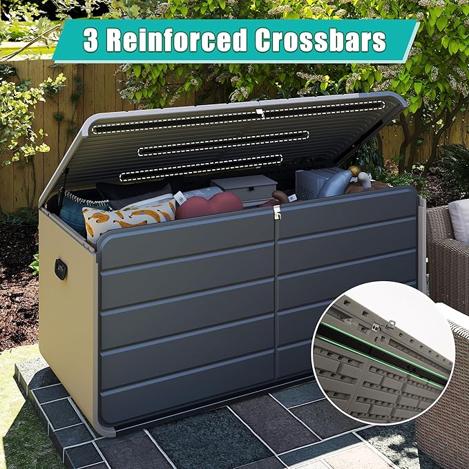 Domi 160 Gallon Resin Deck Box, Waterproof & UV-Resistant Outdoor Large Storage Box Lockable Storage Bin for Patio Cushions Pool Supplies Garden Tools and Delivery Storage