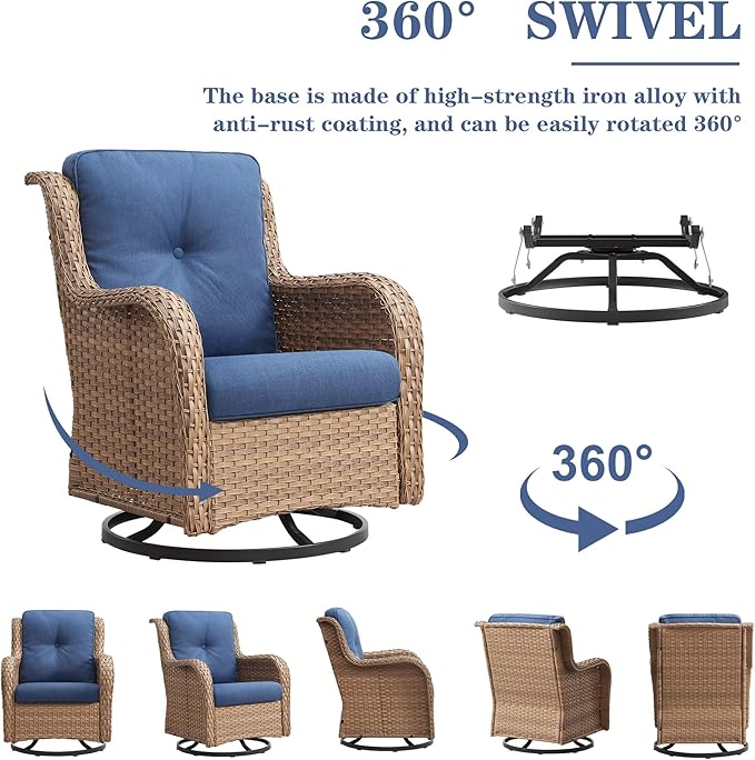 5 Pieces Patio Furniture Sets Wicker Outdoor Furniture, Rattan Patio Swivel Glider Chairs with 2 Ottoman and Glass Side Table, Yellow