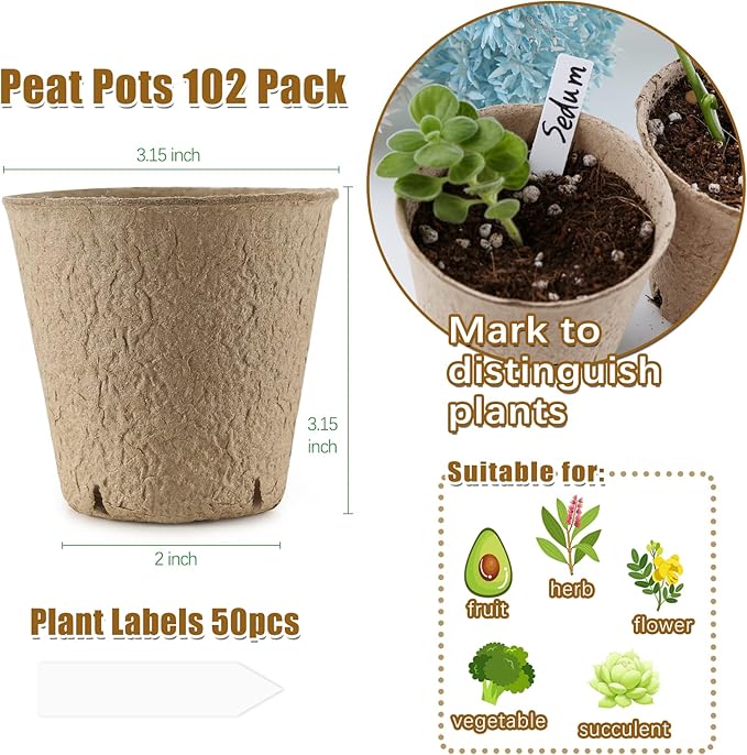 Peat Pots, 102 Pack 3.15 Inch Biodegradable Planting Peat Pots for Seedlings, Garden Plant Seed Starter Pots with Drainage Holes Seed Starting Pots for Organic Vegetable Flower, Bonus 50 Plant Labels