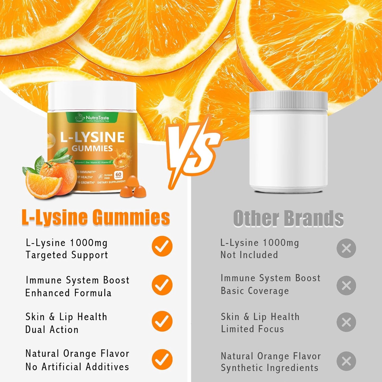 L-lysine Gummies 1000mg, Chewable Lysine Supplement with Vitamin C, D3, K2 & Zinc, Enhance Immunity, Lips & Skin Health, Collagen Growth, Sugar-Free, Gluten-Free, 60 Count (Pack of 2)