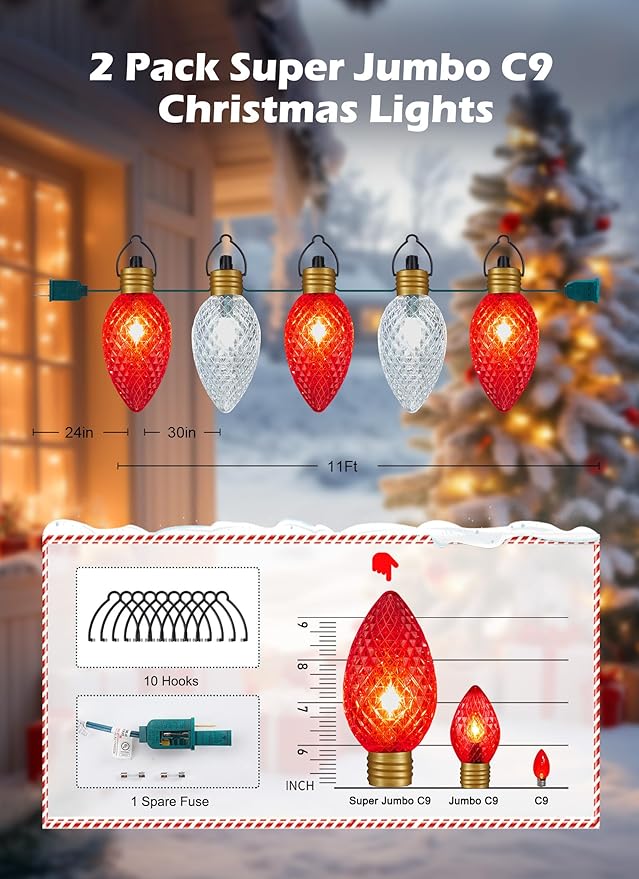 2 Pack 11Feet 5 LED Super Jumbo Christmas String Lights or Pathway Marker Lights, Outdoor Xmas Decorations- Jumbo C9 Hanging Lights Waterproof Lawn Dec for Holiday Home Tree Roof Yard, Red & White