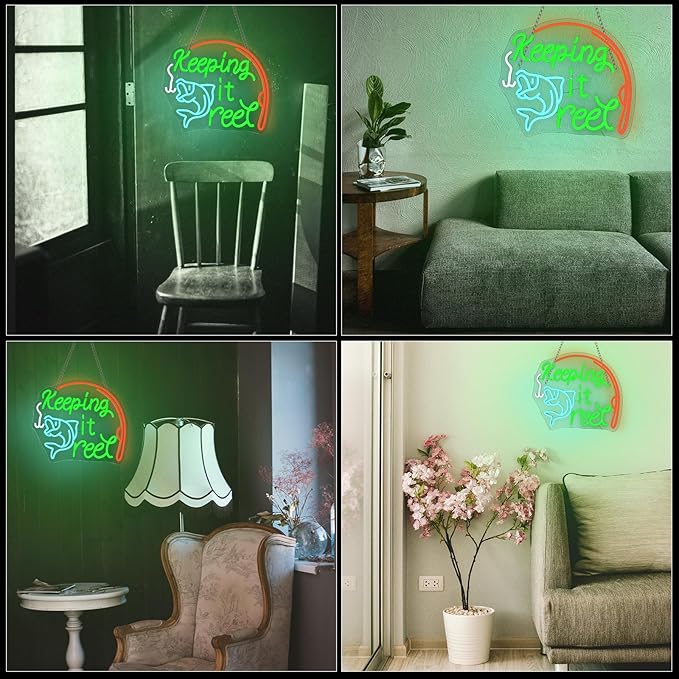 Keeping It Reel Neon Sign Fishing Themed LED Wall Decor for Man Caves, Tackle Shops & Lake Houses, USB-Powered Adjustable Brightness, Angler-Themed Decoration