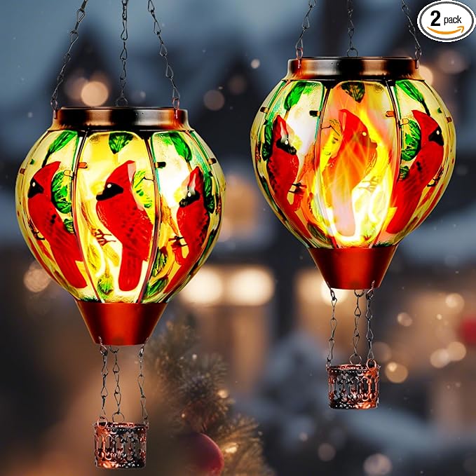 2 Pack Cardinal Solar Hot Air Balloon Lantern with Flame, Outdoor Christmas Decorations Flickering Solar Lights, Glass Hanging Solar Lantern Waterproof, Gardening Gifts for Outdoor Garden Patio Decor