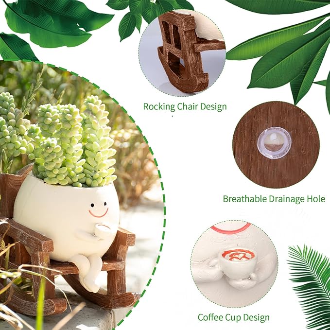 Smiley Face Planter Pot, Cute Coffee Plant Pots for Indoor Outdoor, Unique Rocking Chair Plant Pot for Succulents Plants Live with Drainage Hole, Gift IdeaI for Mother and Appreciation Christmas
