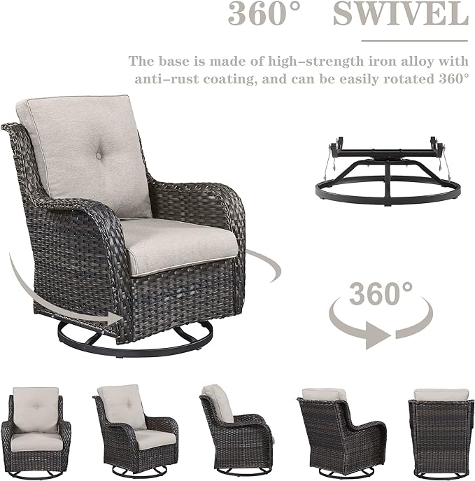5 Pieces Patio Wicker Furniture Set - 4 Outdoor Swivel Rocker Glider Chairs with Propane Fire Pit Table, Warm Patio Conversation Set Beige Cushion Perfect for Casual Gathering