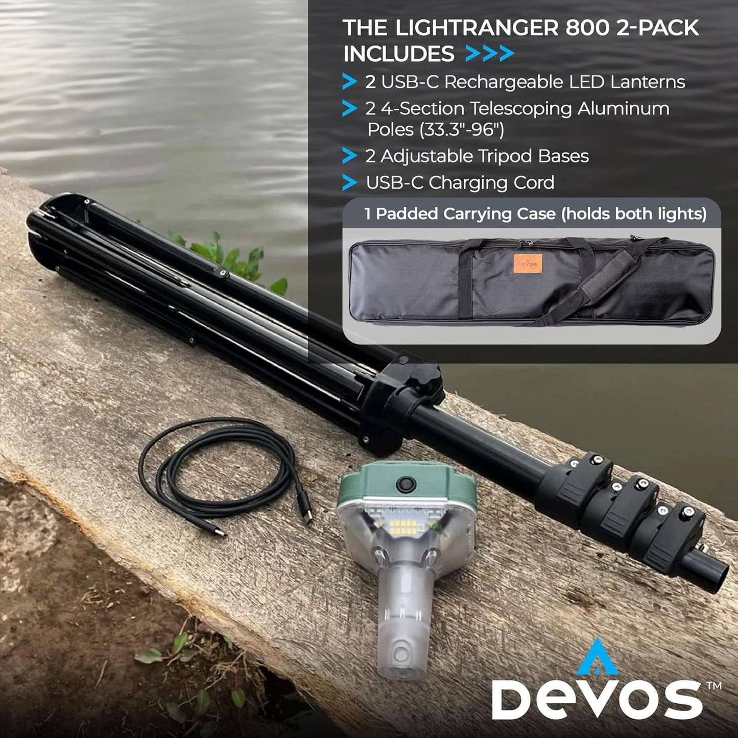 Devos Outdoor | LightRanger 800 Lumen Rechargeable Telescoping LED Lantern | 30 Hour Run Time | Illuminates a 40 Foot Diameter Area | 2 Pack with Padded Case