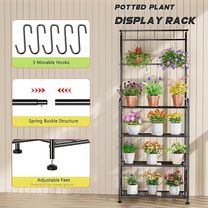 Plant Stand Indoor Outdoor Heavy Duty Metal - 68.4" Tall 4-Tier Shelf for Multiple Plants, Flowers, Rustproof Black Storage Rack for Patio, Balcony, Living Room, Garden, Includes Hooks&Adjustable Feet