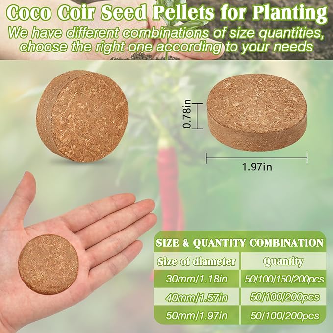 ZeeDix 100pcs 50mm Coco Coir Pellets, Compressed Coconut Coir Seed Starter Soil Pellets Potting Soil Indoor Plants Soil Discs for Planting Flowers Bonsai Herbs Plants and Vegetables