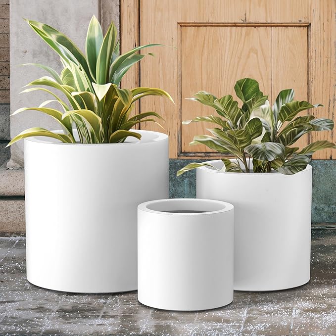 Kante RC0119ABC-C80011 Set of 3 Lightweight Concrete Modern Cylinder Outdoor Planters, 15.8, 12.9 and 9.8 Inch Diameter, Pure White