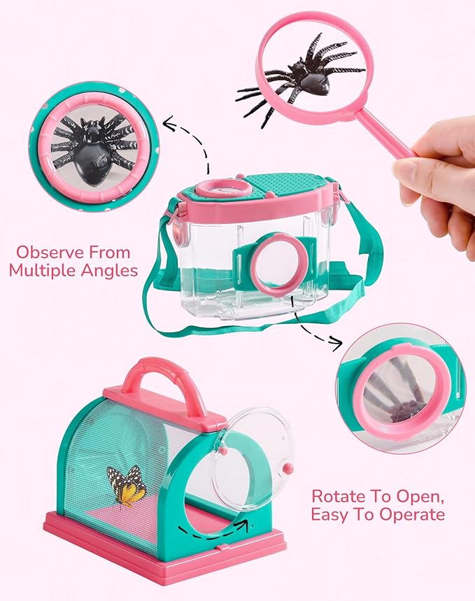 ROBUD Kids Explorer Kit, Bug Catcher Kit with Bag Kit, Pink Outdoor Exploration Set for Camping, Montessroi Toy for Kids Coming Closer to Nature,WRP28
